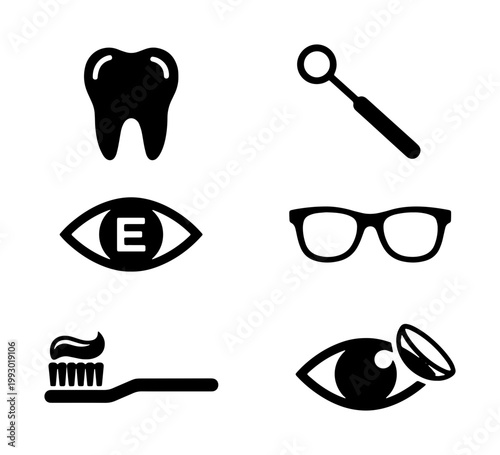 Dental and optical healthcare icons set, 6 black vector symbols for dentistry and ophthalmology, medical vision and tooth care elements
