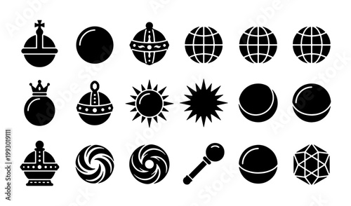 Minimalist celestial and royal icons set, 18 black solid vector symbols of planets, sun, globes and crown regalia, geometric astronomical elements