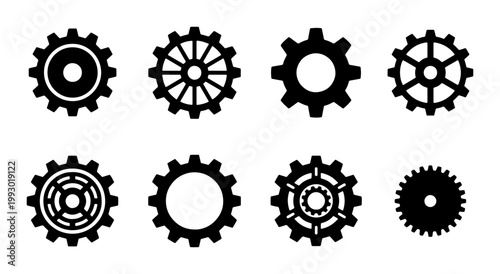 Industrial gear icons set, black mechanical cogwheel silhouettes, 8 vector engine parts for engineering and technology concepts, minimalist machinery hardware