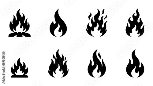 Black fire flame icons set, minimalist campfire and bonfire silhouettes, 8 vector blaze symbols for warning signs and outdoor camping graphics