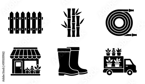 Gardening and landscaping icon set, black solid vector symbols of garden fence, bamboo, water hose, flower shop, rubber boots and delivery truck