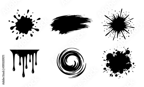 Black ink splatters and paint drips vector set, grunge brush strokes and liquid splashes, 6 artistic ink blot elements for graphic design