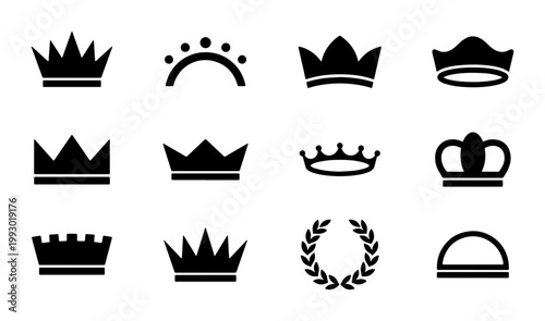 Royal crown icons set, black minimalist tiara and diadem vector silhouettes, 12 luxury heraldic symbols for logo design and branding