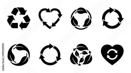 Eco-friendly recycling icons set, black circular arrow symbols with leaves and hearts, sustainable environment vector elements for green packaging