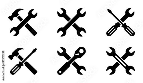 Minimalist repair tool icons set, black crossed hammer and wrench silhouettes, industrial hardware equipment vector collection for maintenance services
