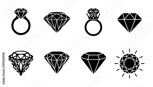 Diamond jewelry icon set, black silhouette gemstone and engagement ring vectors, elegant 8 element collection for luxury branding and wedding design