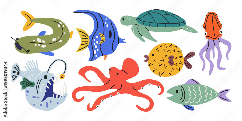 Fototapeta premium Vector collection of underwater creatures featuring octopus, sea turtle, pufferfish, anglerfish, seahorse and colorful reef fish. Cartoon hand drawn marine animals