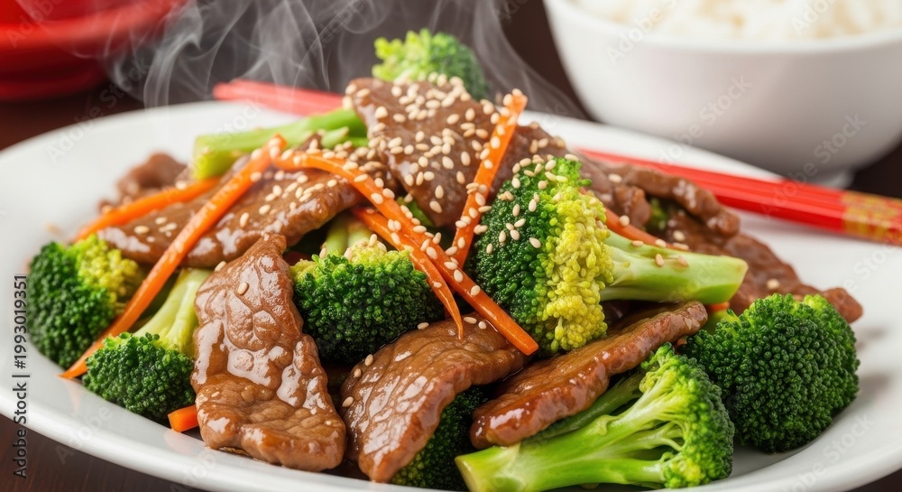 Fototapeta premium Delicious Beef and Broccoli Stir Fry with Sesame Seeds.