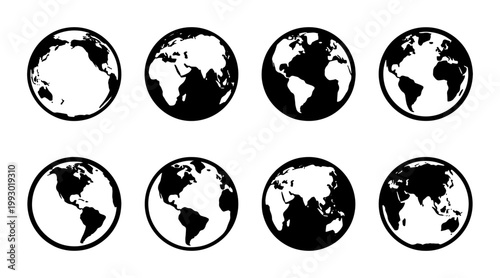 Minimalist world globe icons set, black and white earth planet vector collection, global map spheres showing different continents and oceans