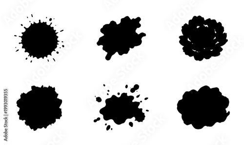 Grunge black ink splatters and paint drips, set of 6 abstract liquid blot elements, messy hand drawn brush strokes for artistic design