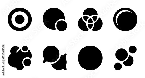 Minimalist black circle icons set, geometric round shapes and abstract sphere symbols, 8 vector elements for logo design and UI interface