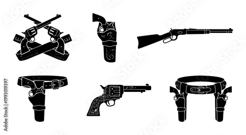 Vintage Wild West weapon silhouettes, 6 western gun and holster vector icons, antique revolvers and rifle set, cowboy pistol belt and firearms