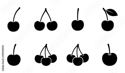 Black cherry silhouette icons set, 8 minimalist fruit vector elements, organic berry food symbols for menu design and branding