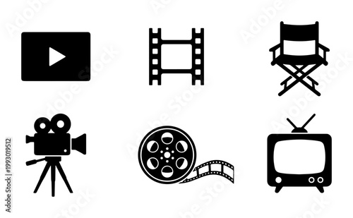 Cinema and movie production icons set, black film industry silhouettes, professional video equipment and media symbols, set of 6 vector elements