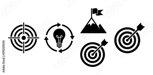 Minimalist business goal icons set, black target and arrow vector elements, mountain peak with flag achievement symbols, creative lightbulb idea graphics