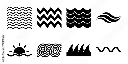 Minimalist ocean wave icons set, black water ripple vector symbols, geometric sea wave patterns, 8 linear aquatic graphic elements for logo design
