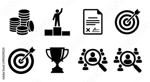 Business success icon set, professional corporate achievement symbols, black vector icons for recruitment and financial growth, 8 marketing elements