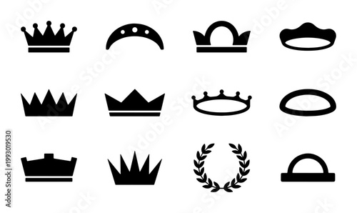 Royal crown silhouette icons set, 12 black heraldic tiara and laurel wreath vector elements, luxury king and queen headwear symbols for branding