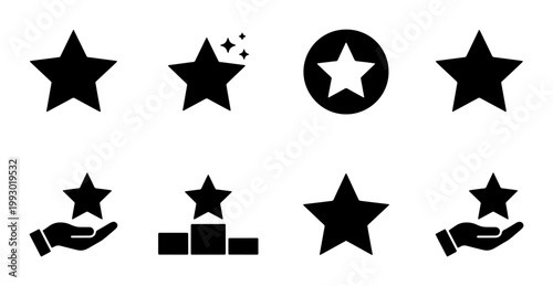 Star icon set with 8 black vector symbols, rating and ranking star elements, award and achievement star graphics for website interface design