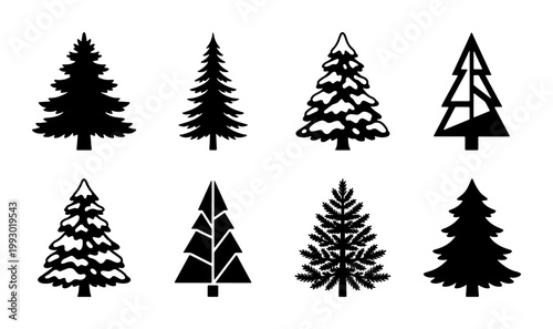 Minimalist pine tree icons, black evergreen silhouettes set of 8, winter forest conifer vector graphics, christmas fir tree symbols for logo design