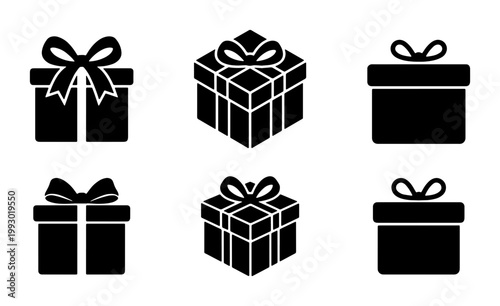 Minimalist gift box icon set, black silhouette present symbols with ribbons, 6 vector elements for holiday shopping and celebration design