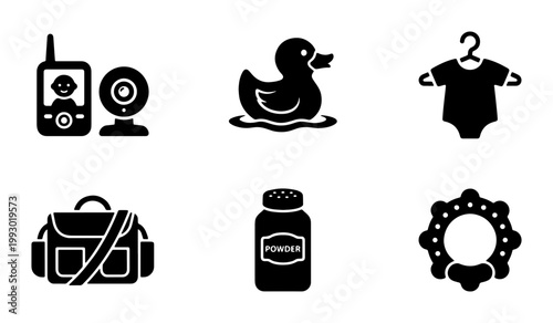 Baby care icons set, black solid newborn essentials vector collection, infant nursery equipment symbols including baby monitor and rubber duck