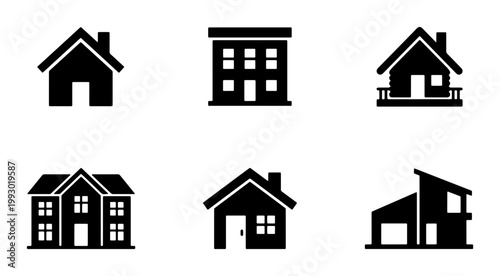 Minimalist house icon set, black silhouette building vector collection, modern residential architecture symbols for real estate and construction