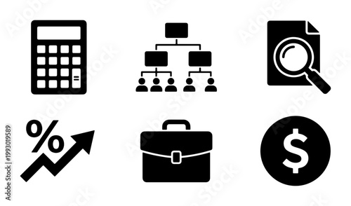 Business and finance icon set, black solid vector symbols for corporate management, accounting calculator and financial growth data analysis elements