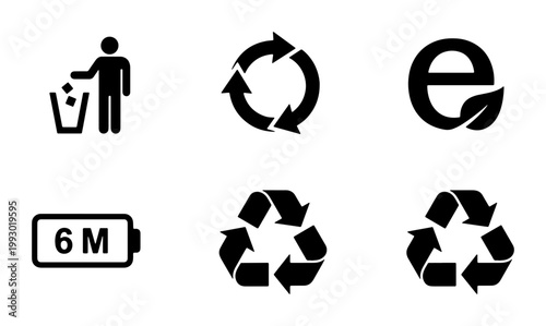 Recycling icons set with 6 black vector symbols, eco friendly waste management signs, sustainability and circular economy graphics for packaging design