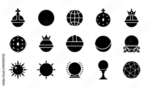 Royal orb and mystical sphere icons, set of 15 black silhouette globe symbols, sovereign regalia and celestial sun elements, vector graphic collection