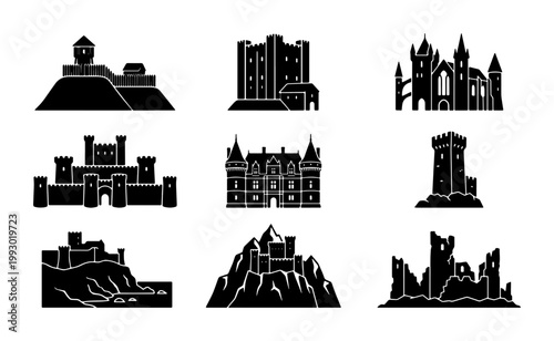 Medieval castle icons set, black silhouette fortress and palace collection, 9 vector ancient citadel and ruins illustrations for history maps
