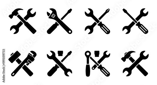 Industrial work tools icon set, black crossed hardware silhouettes, professional construction and repair equipment vector graphics for maintenance services