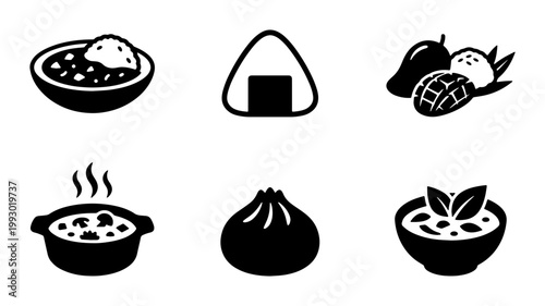 Asian food icon set with 6 black vector elements, traditional Japanese onigiri and Chinese dumpling symbols, mango sticky rice and hot soup bowl illustrations