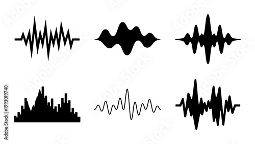 Minimalist sound wave icons set, black audio frequency spectrum waveforms, digital music equalizer signal collection, 6 vector voice recording elements