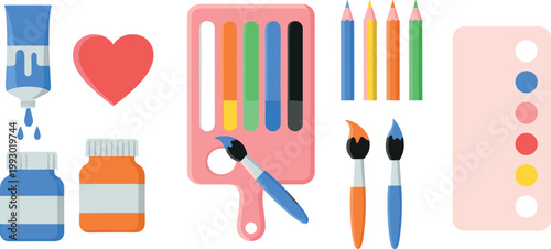 Art supplies set with paint tubes brushes palette pencils and bottles colorful creative tools vector illustration