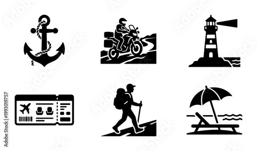 Travel and adventure icon set, black silhouette vacation symbols, collection of 6 vector graphics for tourism and outdoor exploration