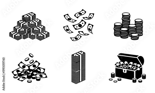 Konstfotografi Black and white money icon set, flat vector currency symbols with cash stacks an