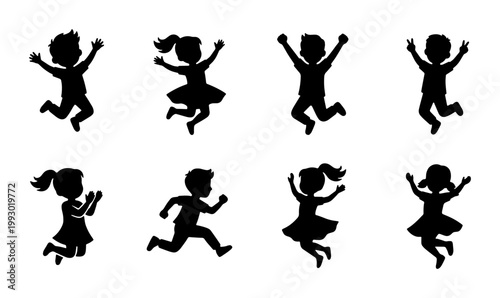 Happy jumping children silhouettes, set of 8 active kids playing and running vector icons, joyful childhood energy and youth movement graphics