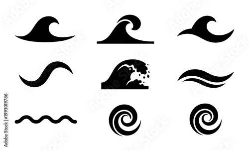 Minimalist ocean wave icons set, black sea surf silhouettes, 9 vector water ripple symbols, nautical splash and tide graphic elements
