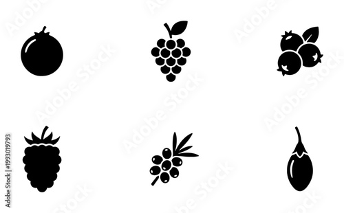 Minimalist fruit and berry icon set, 6 black vector silhouettes of grapes and raspberries, organic food symbols for grocery branding and packaging