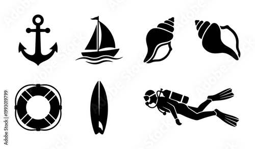 Nautical black silhouette icons set, marine sea life and sailing symbols, 8 vector elements including anchor, sailboat, seashell, and scuba diver