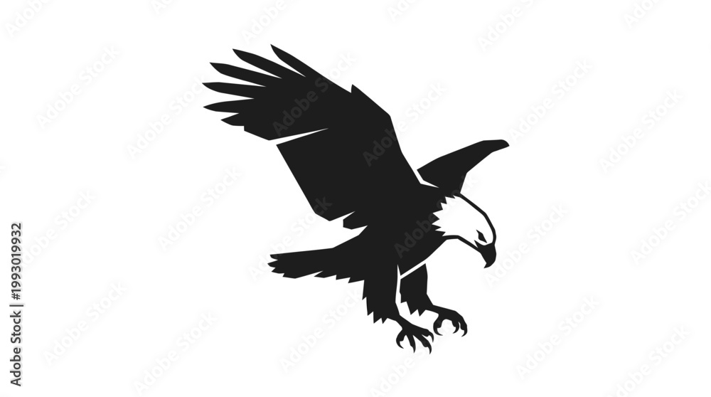 Fototapeta premium A black and white graphic illustration of a bald eagle with its wings spread and talons extended, in a dynamic swooping or landing pose.