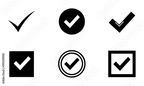 Minimalist check mark icon set, black tick symbols in circle and square frames, 6 vector elements for web interface and checklist design