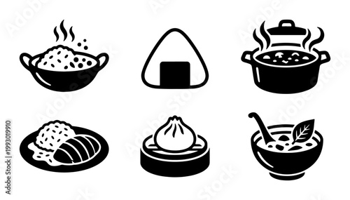 Japanese food icons set, black and white asian cuisine vector illustrations, 6 minimalist restaurant menu symbols including onigiri and ramen