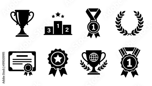 Award and trophy icon set, black winner medals and achievement symbols, 8 vector elements for success and competition recognition
