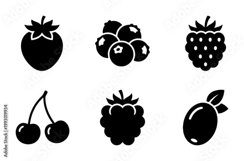 Minimalist berry icon set, black silhouette fruit symbols, collection of 6 flat vector berries including strawberry, cherry, and blueberry