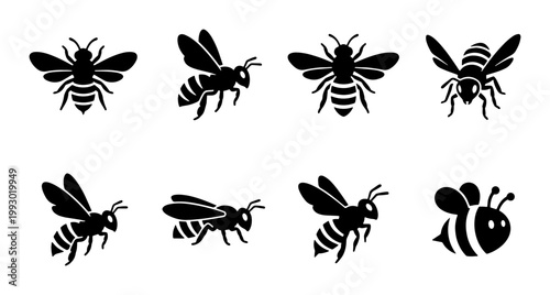 Honey bee silhouette icon set, black bumblebee vector illustrations, 8 flying insect graphic elements for honey production branding and logo design