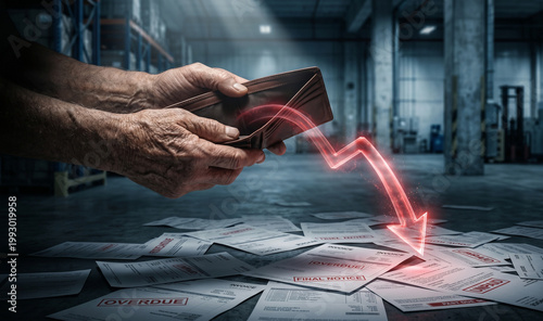Close up of senior hands holding empty wallet over messy unpaid bills and red declining arrow in dark warehouse, poverty and debt concept.