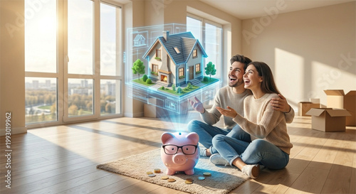 Happy young couple sitting on floor and looking at 3D holographic house projected from piggy bank, home ownership and saving concept.