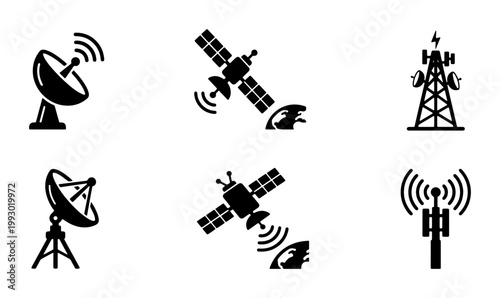 Telecommunication icon set with satellite dishes and radio towers, 6 black vector symbols for wireless technology and global network communication